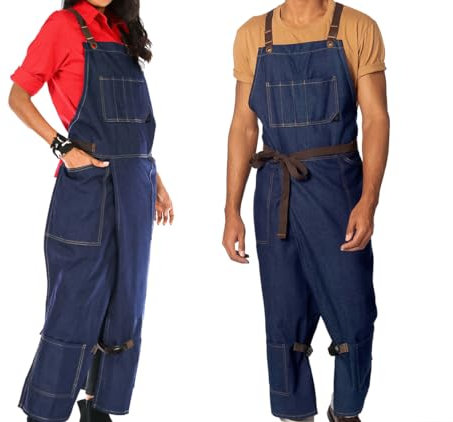 Under NY Sky Pottery Blue Apron – Full Cover Cross-Back, Durable Denim, Leather Reinforcement and Overlapping Split-Leg – Adjustable for Men and Women – Pro Pottery Artist, Mechanics