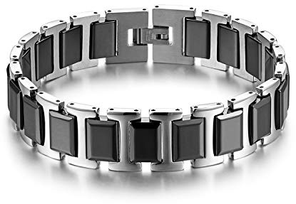 JewelryWe Schmuck Herren Armband 16mm breit schwer Edelstahl Keramik I Rechteck Link Gliederarmband Armreif Armkette Schwarz Silber