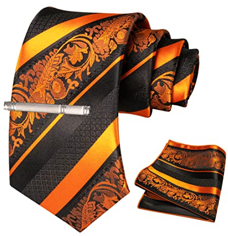 JEMYGINS Herren Krawatten Set mit gemischtem Rosen und Streifenmuster inklusive Krawattenklammer und Taschentuch orange