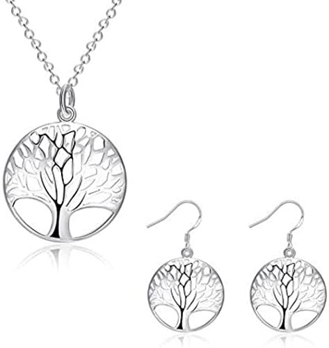 Tree of Life Necklace 925 Silver, Jewellery Set for Women, Pendant Tree Life Amulet, Chain 45 cm Lobster Clasp S925 Stamp Girl Earrings, Long Silver Earrings