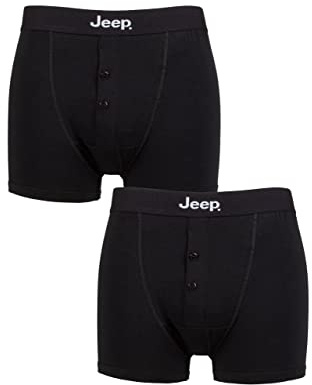 Jeep Men’s Plain Cotton Fitted Button Front Boxer Shorts, Underwear for Him, Stretch Fit Boxer Trunks Pack of 2 - Black/Black Large