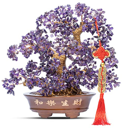 GEMBOURY Grand arbre en améthyste naturel, bonsaï en cristal d'améthyste de 35,6 cm (1251 pierres précieuses) avec propriétés curatives – Arbre de vie Feng Shui pour énergie positive, chance, richesse