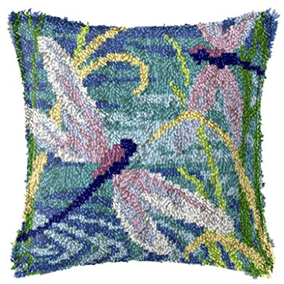 ZUHK DIY Latch Hook Kits,3D Pillow Materials Package Latch Hook Embroidery Kits Cross Stitch Sofa Cushion Cover with Latch Hook Tool fit for Kids and Adults,43x43 cm (Dragonfly)