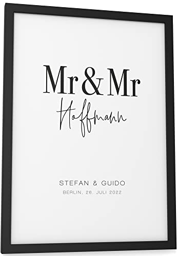 Papierschmiede® Paar Poster „Homo-Ehe Personalisiert, DIN A4 (21x30 cm) Bilderrahmen wählbar, fertig gerahmt, Schlafzimmer Wandbild Hochzeitsgeschenke für Brautpaar Jahrestag „Gay Wedding Mr & Mr“