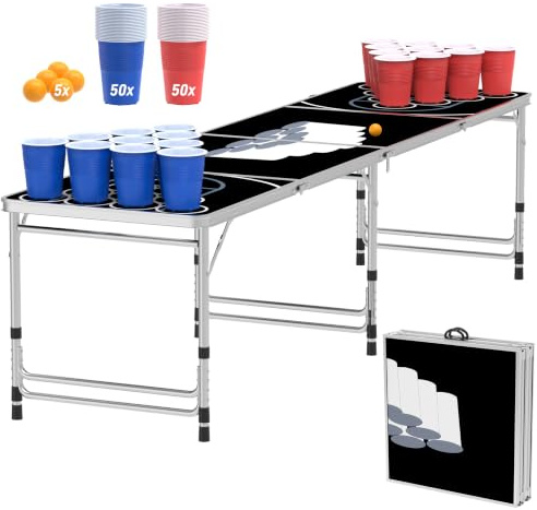 VA-Cerulean Beer Pong Tisch Set inkl. 100 Becher und 5 Bälle,Klappbarer,Wassergeschützt,Audio Table für Trinkspiele,Partyspiele,Wurfspiele und Classic Party Spiel,Schwarz