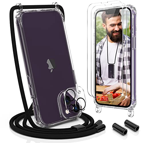 UYMO Handykette Hülle mit Band Für iPhone 14 6.1 - Necklace Transparent Handyhülle Case mit Schnur Abnehmbar,Schutzhülle zum Umhängen Kordel, Schwarz