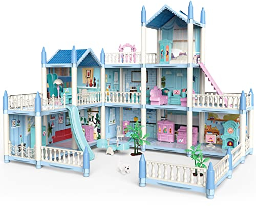 deAO Ensemble de Jeu de Maison de Poupée à 3 Étages et 6 Chambre, Maison Miniature avec Meubles et Toboggans, Escaliers, Clôtures, Chien et Poupées, Excellent Cadeau pour Les Enfants