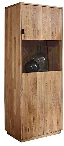 Lomadox Highboard mit Vitrinenfach, 1 Tür mit Glaseinsatz, 1 Glasboden, Wildeiche massiv geölt, B/H/T ca. 50/140/40 cm