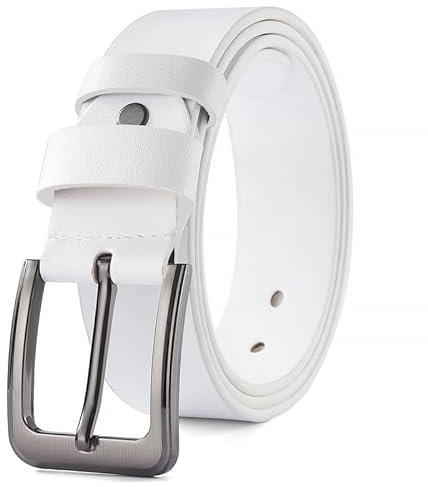 HYCOPROT Cintura Uomo Pelle Classico Cinture 38mm Larghezza con Fibbia in Metallo,Regolabile e Accorciabile,Nero e Marrone (125cm(lunghezza totale 140cm), Bianco)