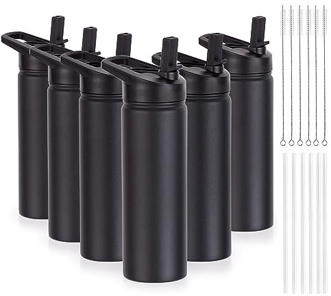 24oz Water Bottle with Straw & Handle 6 Pack, Stainless Steel Water Bottles Bulk, Dishwasher Safe & Leak Proof Gift for Men Women Sports Travel Gym Running Cycling Hiking, Black