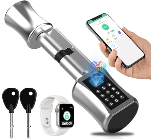 Anweller Serrure de porte électronique, serrure à cylindre avec empreinte digitale, serrure à cylindre 60 mm (30/45), avec clé à code numérique et application Bluetooth, serrure de porte intelligente,