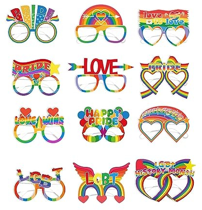 Regenbogen Gay Pride Partybrillen,12Stk Regenbogen Flagge Partybrillen LGBTQ Accessoires Papier LGBT Gay Pride Paraden Foto Maskerade Masken Kostüm für Pride Parade Regenbogen Party für Männer Frauen