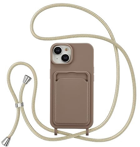 ZTOFERA Crossbody Lanyard Case for iPhone 13 / iPhone 14 with Card Holder, Soft Liquid Silicone Phone Case with Strap Adjustable Neck Cord Necklace Shockproof Protective Cover - Brown