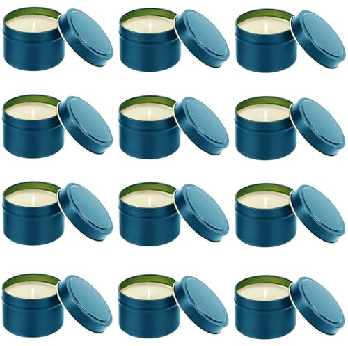 Lot de 12 Contenants de Bougie, 120ml Pot a Bougie Vide Metal avec Couvercle Boîtes à Bougies, Boîte à bougies, pour la fabrication de bougies, pots de stockage de thé séché, bonbons, epices (Bleu)