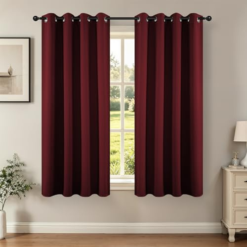 Joydeco Blackout Curtains 63 Inch Length 2 Panels Set, Thermal Insulated Long Curtains 2 Burg, Room Darkening Grommet Curtains for Bedroom Living Room Windows (W42 x L63 Inch, Burgundy Red)