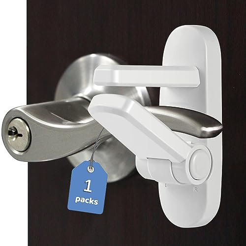 Childproof Door Lever Lock Baby safety locks for doors (1 Pack) Improved door safety for kids, 3M Adhesive No Drilling Child Safety Door Handle Lock. Simple Install, No Tools Needed (White,1)
