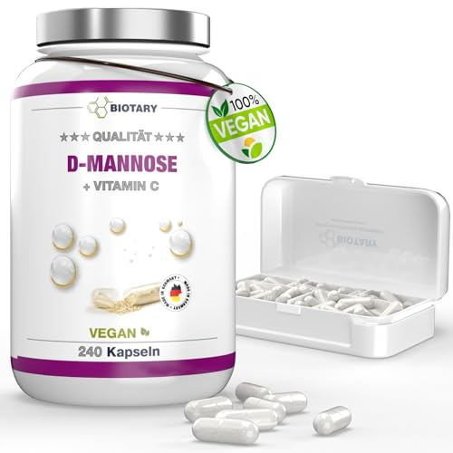 D-Mannose hochdosiert – 1950 mg Tagesportion – 240 Kapseln – mit Vitamin C – inclusive Pillenbox – Laborgeprüft – Vegan – Premium Qualität – 100 Natürlich – Ohne Zusätze
