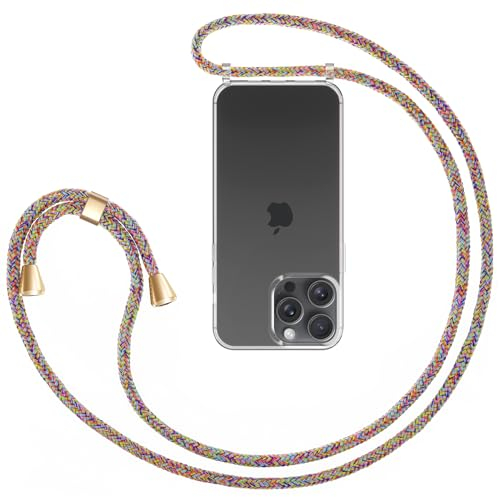 ZhinkArts - Handykette kompatibel mit iPhone 15 Pro - Handyhülle zum Umhängen - Case mit Band/Schnur - Necklace - Silikon - Rainbow