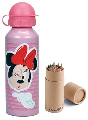 OM SUPPLIES Borraccia sportiva in alluminio con personaggi di Minnie, 520 ml, per vacanze, ritorno a scuola, per bambini, include 12 pezzi di mezza taglia (Minnie)