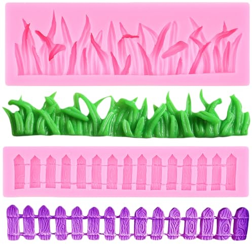 RFGHAC Grünes Gras und Garten Lattenzaun Silikon Fondant Form für Zuckerhandwerk Kuchen Dekorieren Cupcake Topper Polymer Clay Candy Chocolate Gum Paste Set von 2