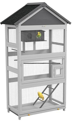 PawHut Wooden Bird Cage Budgie cage, Bird Aviary Outdoor Birdhouse for Finches, Parakeets - Grey