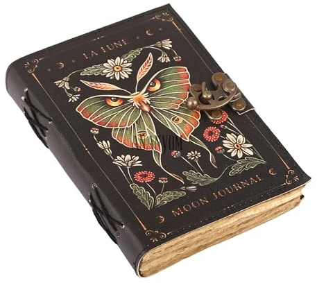 ANANYOM Handmade Leather Journal, Luna Moth and Morpho Butterfly Moon Vintage Leather Notebook Diary Sketchbook, With 200 Blank Deckle Paper, Unruled, Brass Clasp Lock Journal for Men & Women, Black