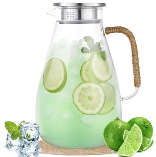 Jarra de cristal grande de 2,6 l con asa y tapa para frigorífico, mango de hilo antideslizante y alfombrilla para tazas, tapa inoxidable para jarra de agua, jarra resistente al calor para líquidos