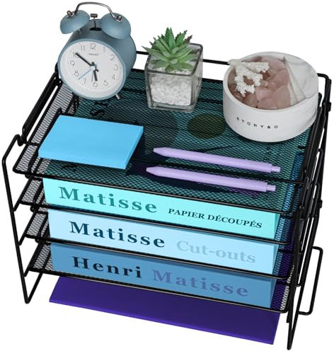 TSDRBWO 4 Tier Letter Tray Organiser for Desk Tidy, Metal Mesh Magazine File Desk Organiser, Mesh Office Files Desk Storage, Wire Mesh Paper Tray for Office School Home