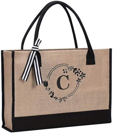 Bolsa de yute con inicial, bolsa de lona impresa con letras de flores personalizadas para mujeres/hombres, bolsa de playa de lona reutilizable para uso diario, viajes, comestibles, picnic, c,