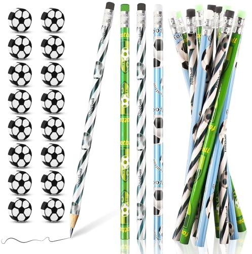 Fizdoqg 48 Pezzi Festa Tema Calcio 24 Matite da Calcio e 24 Gomme Calcio, Perfetti Come Regali per i Bambini per Compleanni a Tema Calcio o per Feste, Set di Cancelleria a Tema Calcio