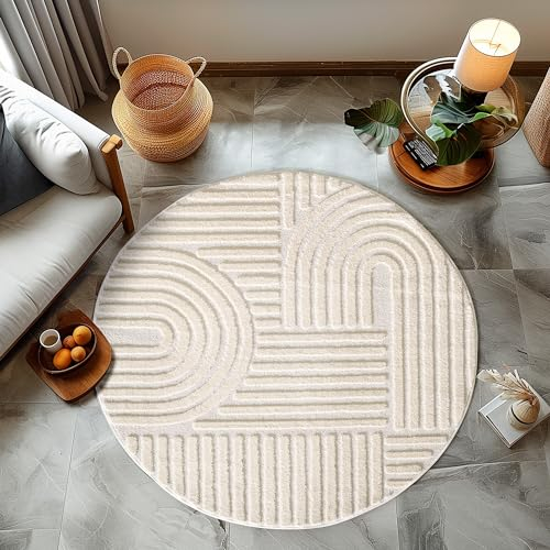 HomebyHome Kurzflor Teppich 80 cm Rund Creme - Hoch-Tief 3D Effekt Waschbar, Flauschig und Extra Weich - Skandinavisch Boho Muster für Wohnzimmer, Schlafzimmer, Esszimmer und Küche