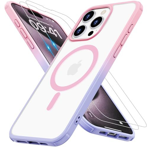 Iokmax Magnetic for iPhone 15 Pro Max Case [Compatible with MagSafe] with 2X Screen Protector, Military-Grade Slim Shockproof Phone Cover Translucent Matte Anti-Fingerprint Anti-Scratch, Pink-Purple