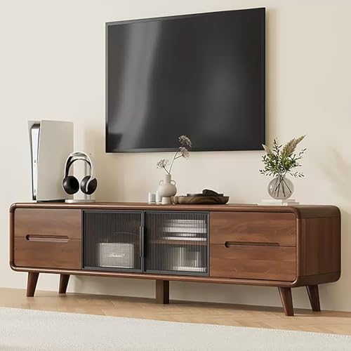 JIAOCKJIAO Brauner TV-Schrank, Modernes Fernsehtisch, Entertainment-Center, Fernsehschrank Aus Holz, mit Kabellöchern, TV Board mit 4 Schubladen, Lagerschrank mit Glastüren