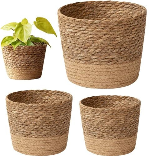 Muteitt 3 Pièces Paniers Tissés Jardinières Pots De Fleurs Couverture Panier De Rangement Conteneurs De Plantes Panier Tissé À Main Jardinière Pot De Fleur pour Plante Intérieure