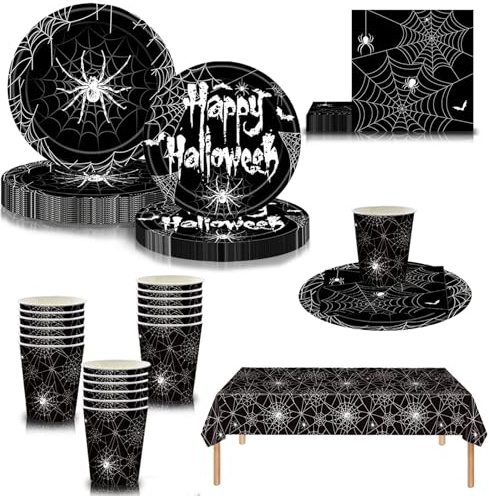 69Pcs Halloween Geschirr Set, Schwarze Spinne Partygeschirr Set Pappteller, Becher und Servietten, Tischdecke Partygeschirr für Drinnen Draußen Gruselparty Halloween Party Feier Deko （16 Gäste）