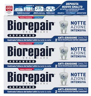 Biorepair, Dentifricio Advanced Notte Intensivo, Anti-Erosione, 3 x 75 ml | Protegge e Ripara lo Smalto dei Denti, Antibatterico, Con MicroRepair, Zinco PCA e Xilitolo, Per un Alito Fresco