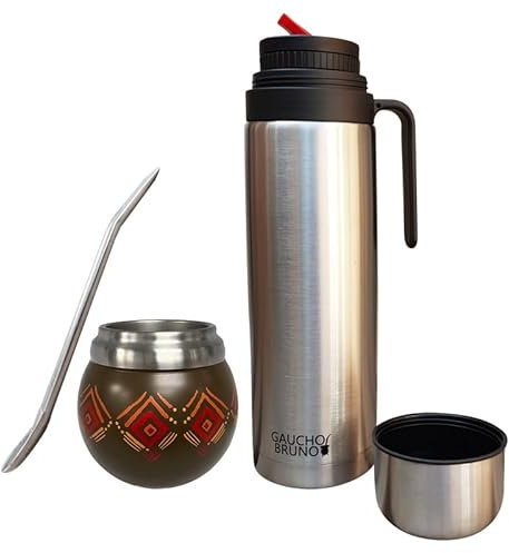 Gaucho Bruno - Yerba Mate de acero inoxidable para beber | Mantiene la temperatura de la bebida | Diseñado para parecer una calabaza natural | con bombilla y frasco de 1 litro con boquilla de