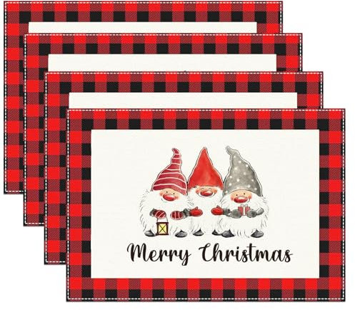 Platzset Weihnachten,4 pcs tischset Weihnachten,rot schwarz kariert wichtel Weihnachten Muster Leinen Weihnachten platzsets abwaschbar,Geeignet für Küche Esszimmer Bar tischdeko Weihnachten