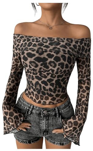 GORGLITTER Women's Leopard Off Shoulder Bell Long Sleeve Crop Top Sexy Skinny Cropped T Shirt Brown L
