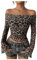 GORGLITTER Women's Leopard Off Shoulder Bell Long Sleeve Crop Top Sexy Skinny Cropped T Shirt Brown L