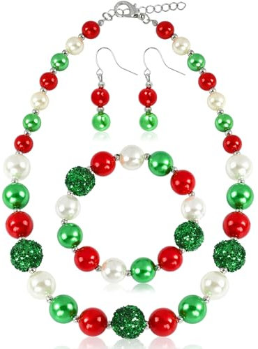 3 Stück Weihnachten Schmuck Set mit Weihnachtsarmbänder Weihnachten Halskette Weihnachtsohrringe, Weihnachten Ohrringe Perlen Halskette Perlen Armband, Weihnachtsgeschenke für Damen und Mädchen