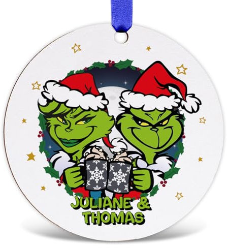 GRAVURZEILE Adornos para árbol de Navidad de madera, pareja Grinch, colgante de Navidad con nombre, decoración navideña personalizada, decoración festiva para el árbol de Navidad, regalo de amigo