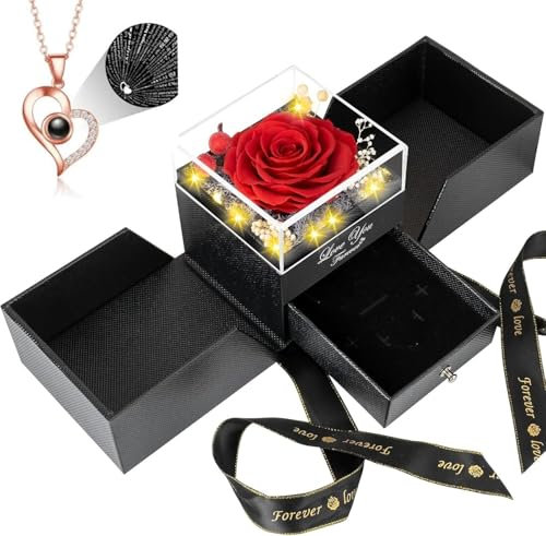 NKFOOPDU Preserved Real Roses Gifts for Her - Gift Box, Necklace w/ 'I Love You' in 100 Languages - Mom, Eternal Rose, Forever Rose for Mum, Presents for Women, Necklace Box
