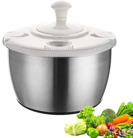 Pasdrucn Salatschleuder Edelstahl 5l Groß & Rutschfestem Boden, Servierschüssel & Salad Spinner Mit Kurbelantrieb, Salad Spinner Mit Deckel, Salatschleuder Mit Deckel, Salatschleuder Aus Edelstahl (A)