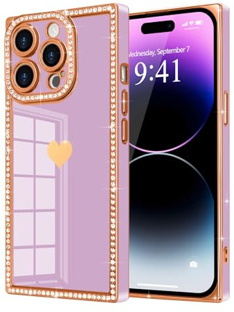 Urarssa for iPhone 14 Pro Max Case Rectangle, with Glitter Diamonds, Purple | Bling Sparkly Case with Cute Heart Pattern for Women Girls, Full Camera Protection Glossy Soft TPU Bumper Shockproof Cover