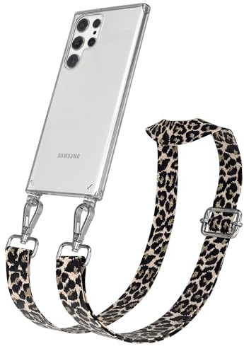 EAZY CASE Handykette - Verstellbares Taschenband kompatibel mit Galaxy S22 Ultra 5G, Schulterriemen, Handykordel mit Silikon Hülle, Umhängetasche, Leo - Schwarz Beige Silber