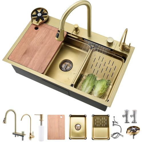 Bokaiya Fregadero de Cocina, Cascada de Acero Inoxidable Raindance Nano Fregadero, Multifuncional con Grifo Extraíble, Tabla de Cortar, Lavavasos, Rainfall Fregadero Cocina 1 Seno 75x45x21cm (Oro)