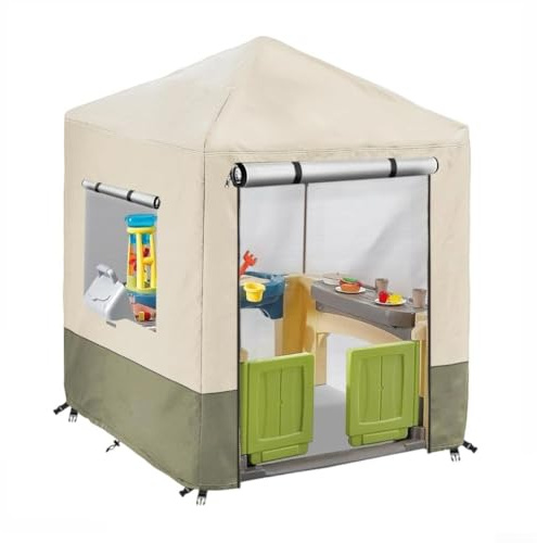 Wasserdichte Spielhaus-Abdeckung, 210D Oxford-Gewebe mit PU-Beschichtung, Front-Reißverschlüsse, winddichte Schnallen, Outdoor, Kinder, Spielhaus, Schutz, Beige, 142 x 142 x 152 cm