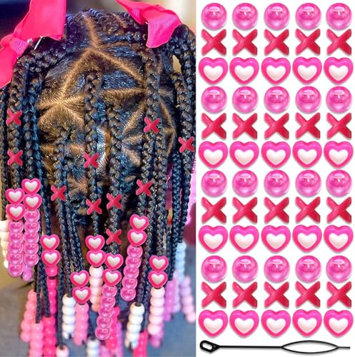 Auroriel 60 perles à cheveux pour enfants filles perles de tresse multicolores rose forme mixte X-rond-cœur avec aide à l'enfilage