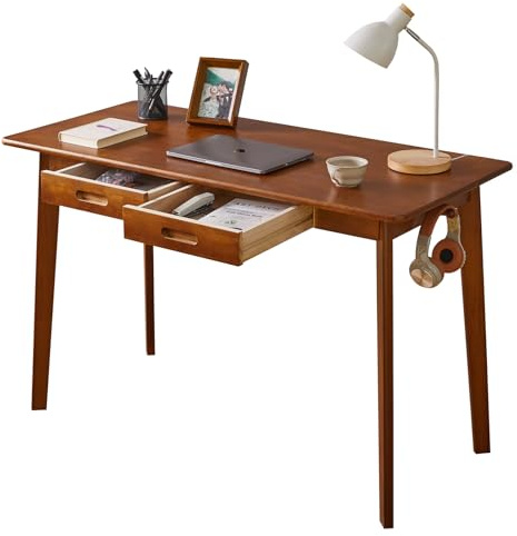 Aibiju Solid Wood Desk with Drawers, 47 Inch Computer Desk for Modern Minimalist Style, Gaming Study Home Office Desk for Work, Student PC Desk for Bedroom Brown YD-WD03H